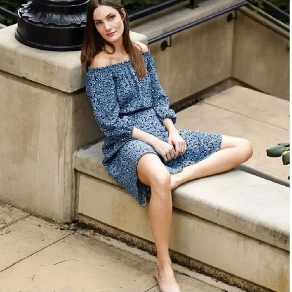 Tucker Off the Shoulder Midi Dress Twilight Leopard Blue Silk